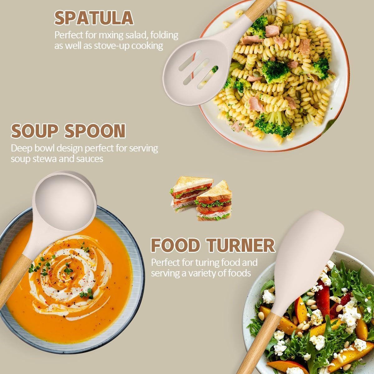 Umite Chef Kitchen Cooking Utensils Set, 33 Pcs Non-Stick Silicone Cooking Kitchen Utensils Spatula Set with Holder, Wooden Handle Silicone Kitchen Gadgets Utensil Set (Khaki)