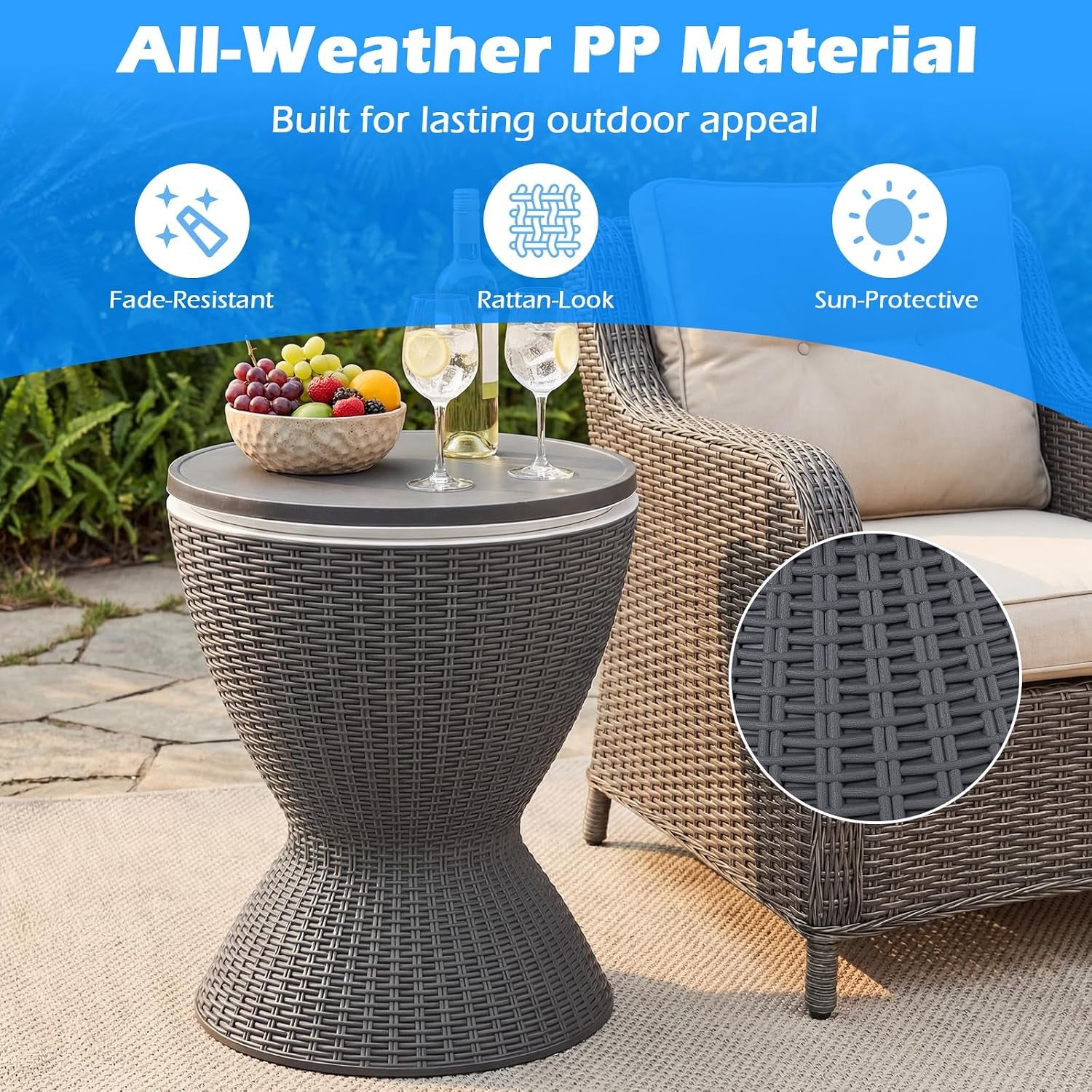 Tangkula Outdoor Cooler Table, Multi-Functional Cooler Bar Table, Adjustable Height Ice Cooler Side Table W/Drain Plug, 8 Gallon Beer & Wine Cooler, Rattan Style Patio Furniture for Pool Parties | Adjustable Height Ice Cooler Side Table W/Drain Plug, Beer & Wine Cooler, Rattan Style Patio Furniture for Pool Parties
