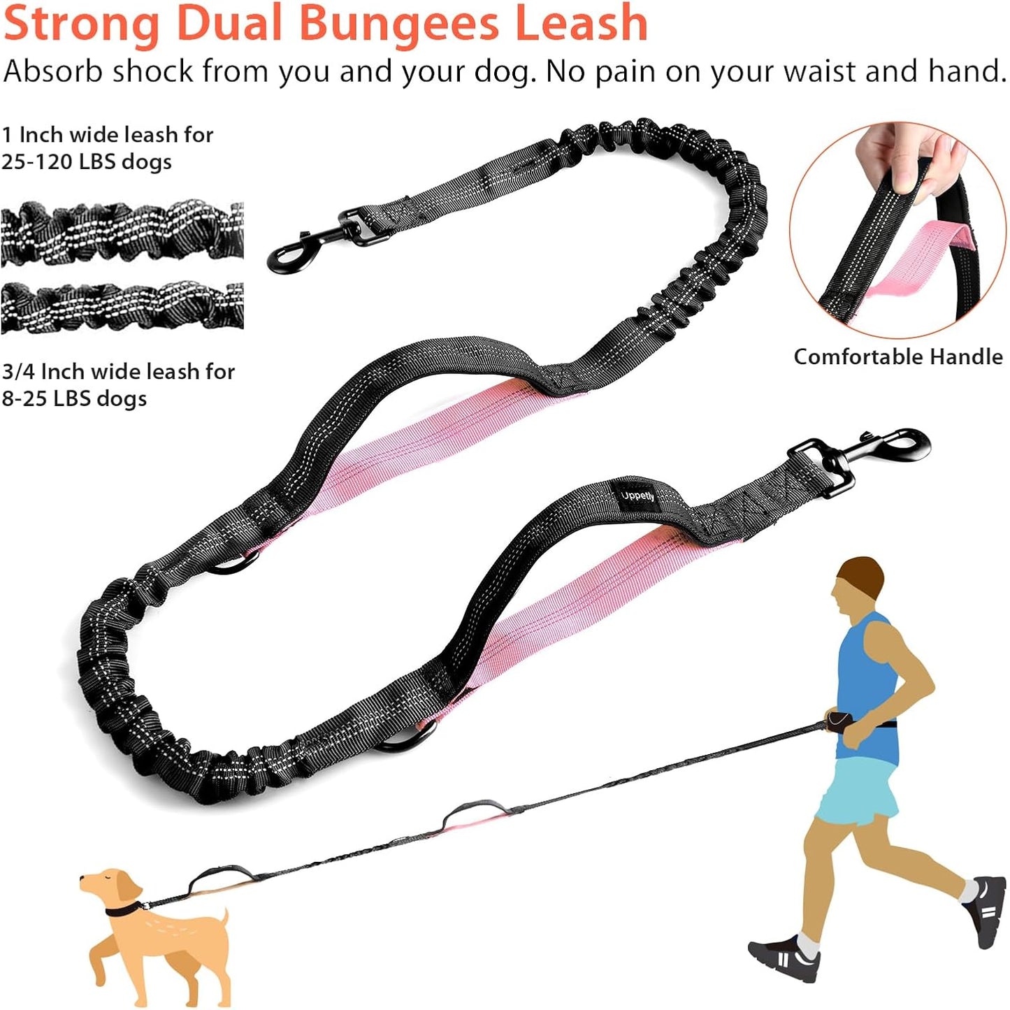 Uppetly Hands Free Dog Running Leash with Waist Belt, Dual Handle Elastic Bungees Retractable Rope for Medium and Large Dogs, Reflective Stitches for Walking Hiking Biking (Large Pink, 25-120Lb