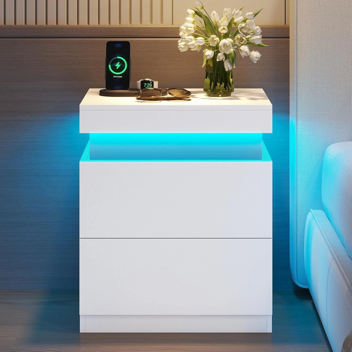 Bedroom Nightstand Charging Station LED Lights Sliding Top Drawers