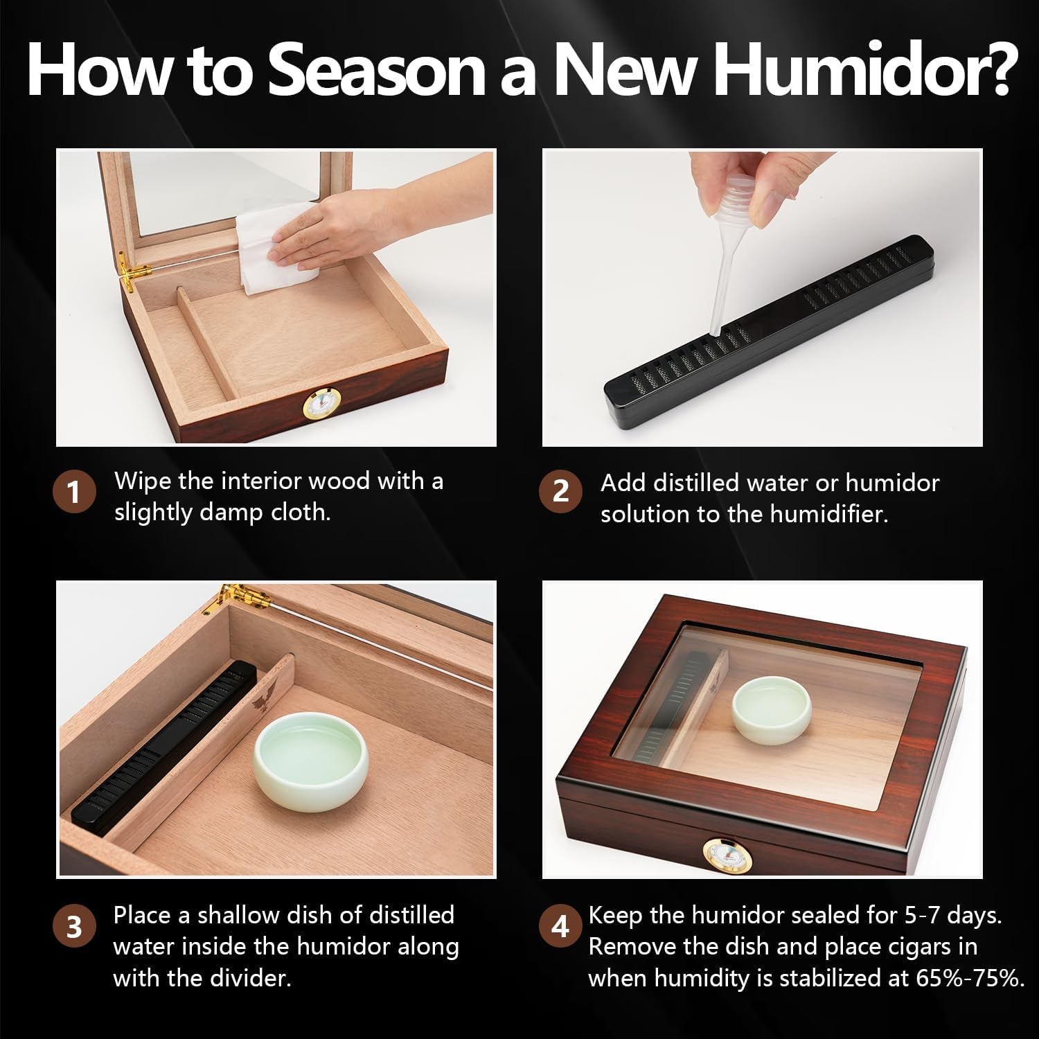 Handmade Cigar Humidor, Cedar Cigar Desktop Box with Humidifier and Hygrometer, Glass Top for 25 Cigars (20-25 Cigars)