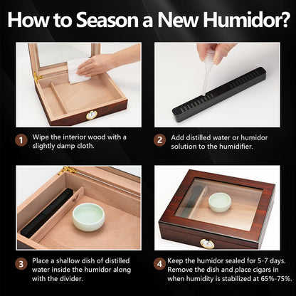 Handmade Cigar Humidor, Cedar Cigar Desktop Box with Humidifier and Hygrometer, Glass Top for 25 Cigars (20-25 Cigars)