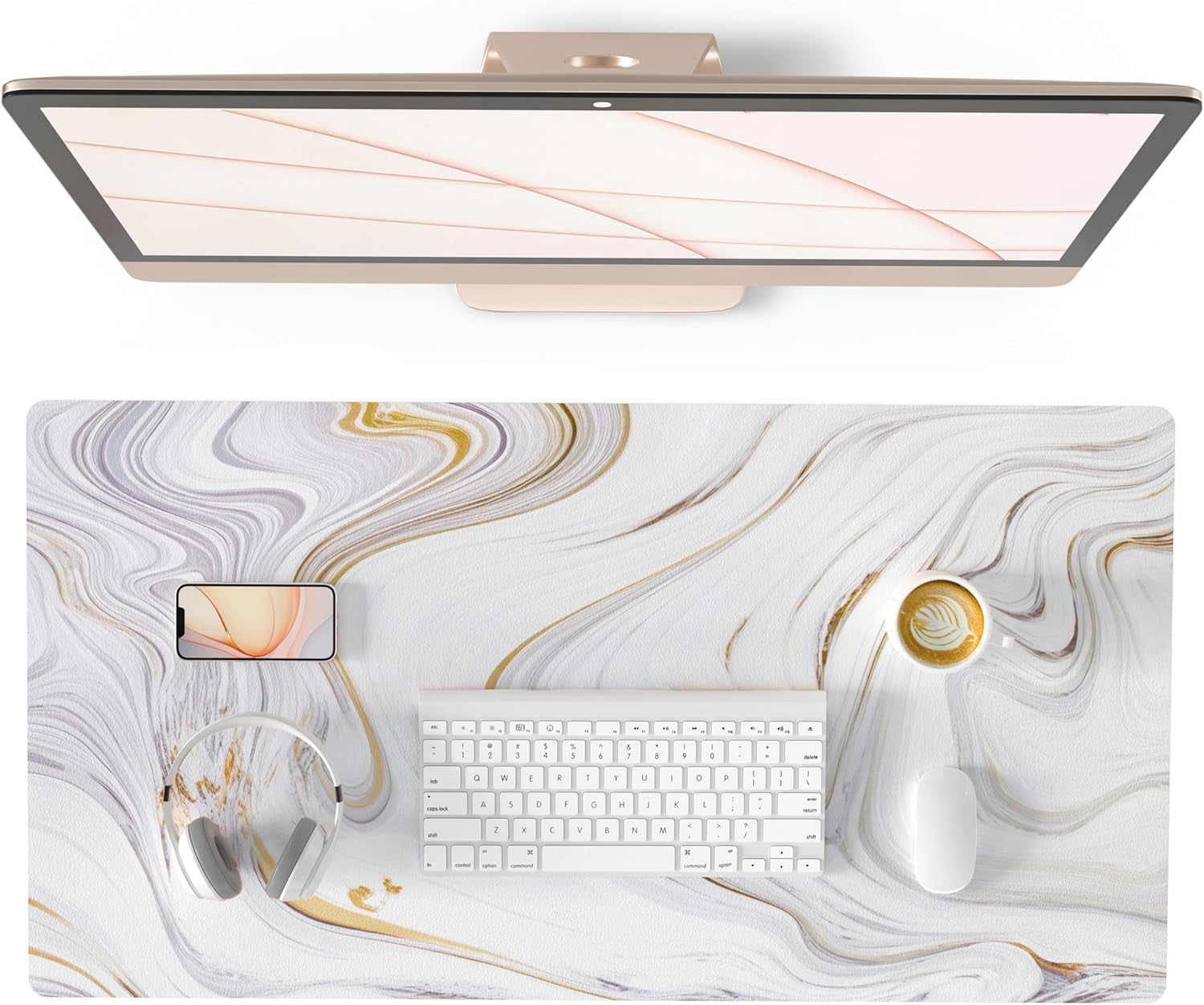 QIYI White Mouse Pad, Cute Marble Large Desk Mat, PU Leather Desk Protector Mousepad, Gold Grey Striped Waterproof Computer Keyboard Gaming Mouse Pads, Non Slip Extended Writing Pad 31.5" X 15.7"