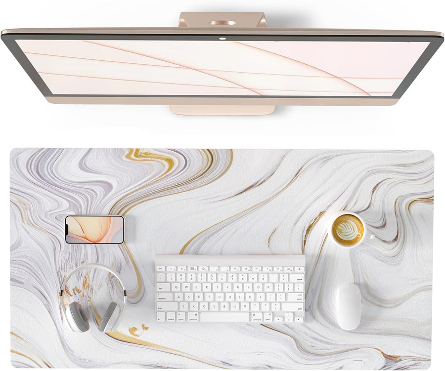 QIYI White Mouse Pad, Cute Marble Large Desk Mat, PU Leather Desk Protector Mousepad, Gold Grey Striped Waterproof Computer Keyboard Gaming Mouse Pads, Non Slip Extended Writing Pad 31.5" X 15.7"