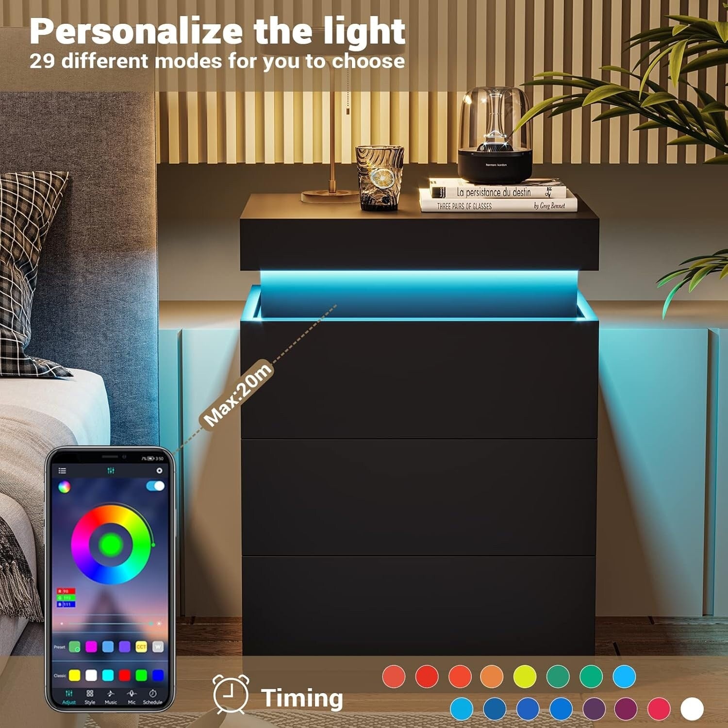 Bedroom Nightstand Charging Station LED Lights Sliding Top Drawers