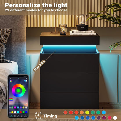 Bedroom Nightstand Charging Station LED Lights Sliding Top Drawers