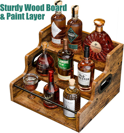KLM Liquor Bottle Display Shelf, Coffee Syrup Rack Organizer, 3 Step Countertop Liquor Wine Rack, Mini Bar,Liquor Cabinet, Home Retro Bar Shelf Stand for Liquor Whiskey, Spirits