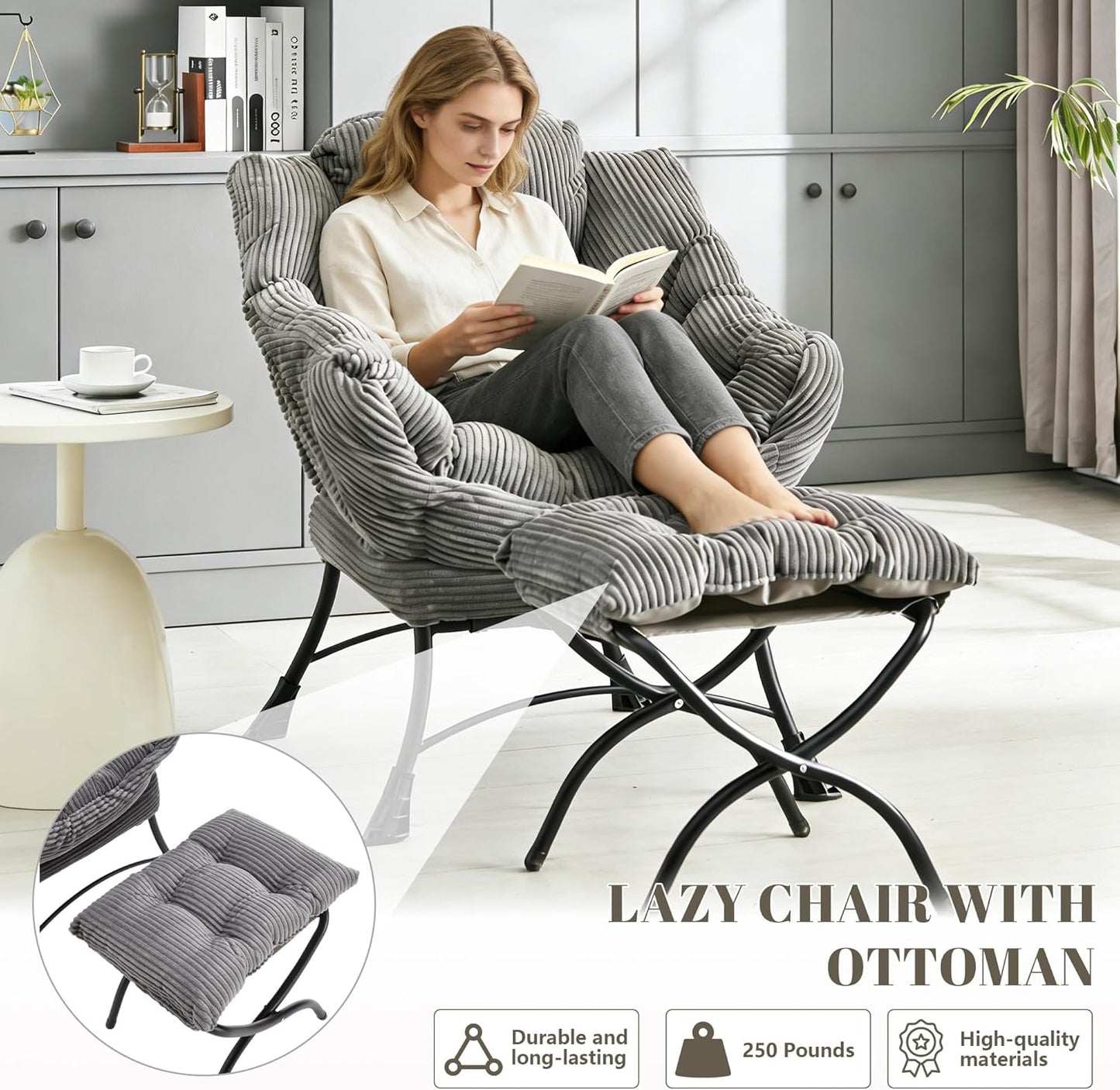 Bellemave Lazy Chair with Ottoman, Lounge Accent Chair with Armrests and Side Pocket, Leisure Upholstered Sofa Chairs with Footrest for Small Space, Reading Chairs for Living Room, Bedroom (Grey)