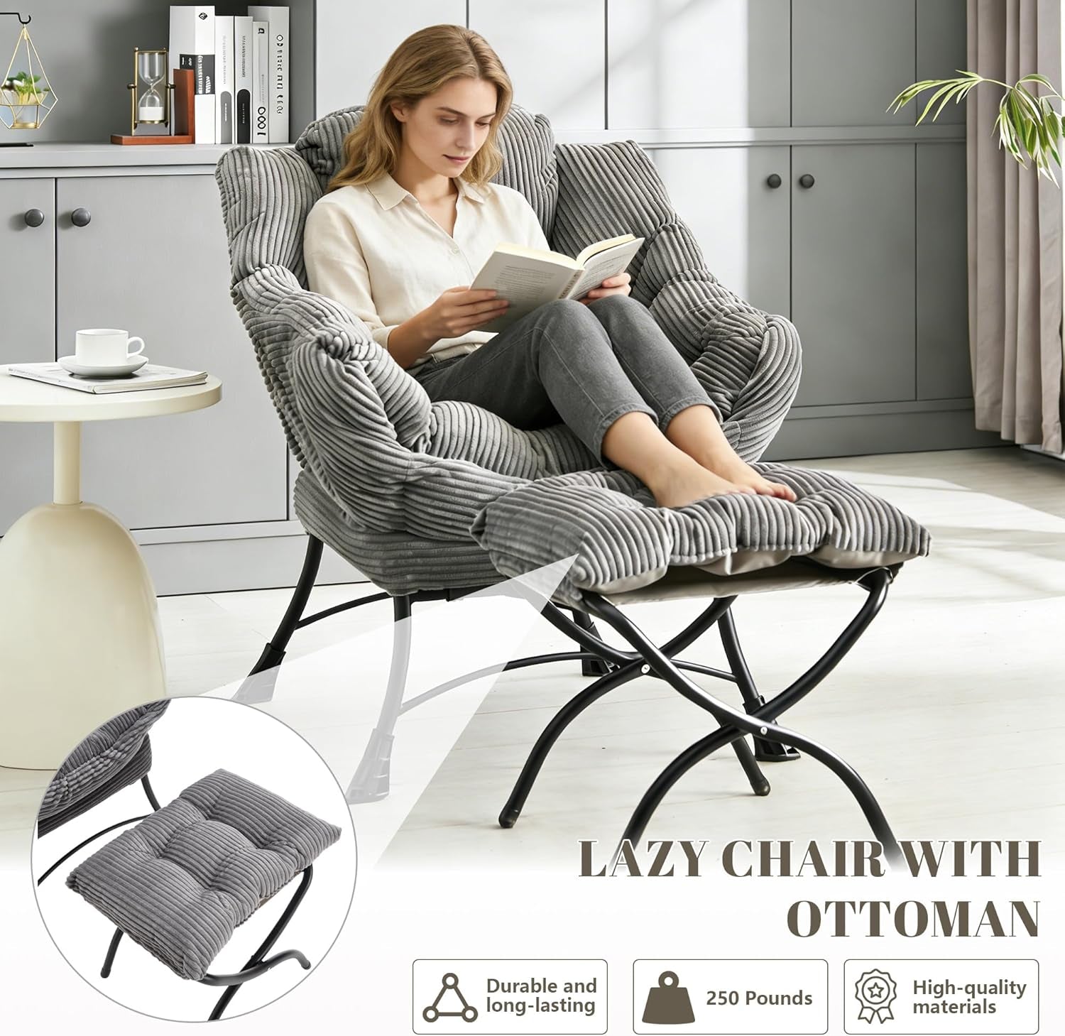 Bellemave Lazy Chair with Ottoman, Lounge Accent Chair with Armrests and Side Pocket, Leisure Upholstered Sofa Chairs with Footrest for Small Space, Reading Chairs for Living Room, Bedroom (Grey)