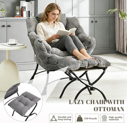 Bellemave Lazy Chair with Ottoman, Lounge Accent Chair with Armrests and Side Pocket, Leisure Upholstered Sofa Chairs with Footrest for Small Space, Reading Chairs for Living Room, Bedroom (Grey)