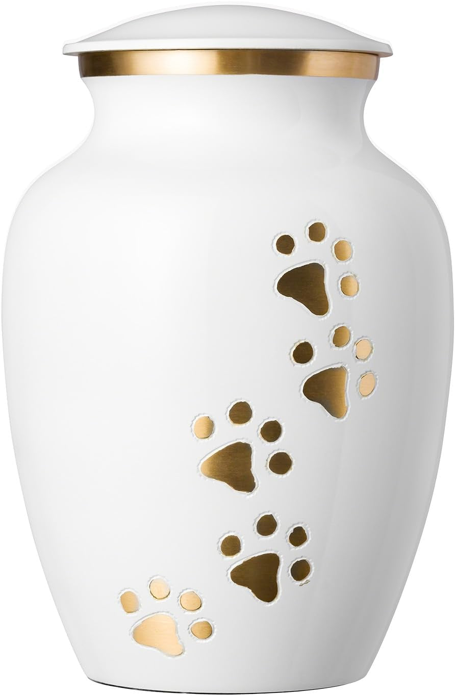 Ottillie Paws Legacy Series Pet Urn for Dogs and Cats, Handmade Brass Memorial Cremation Urn (Small - Pets up to 25 Lbs, Pewter, Vertical Brass Paws)