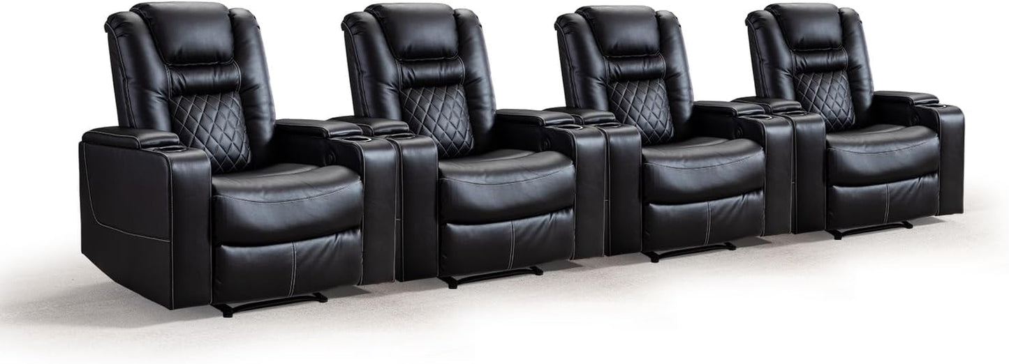 CANMOV Electric Power Recliner Chair with USB Ports and Cup Holders, Breathable Leather Home Theater Seating with Hidden Arm Storage (Black)