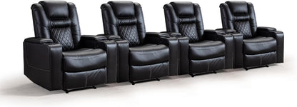 CANMOV Electric Power Recliner Chair with USB Ports and Cup Holders, Breathable Leather Home Theater Seating with Hidden Arm Storage (Black)