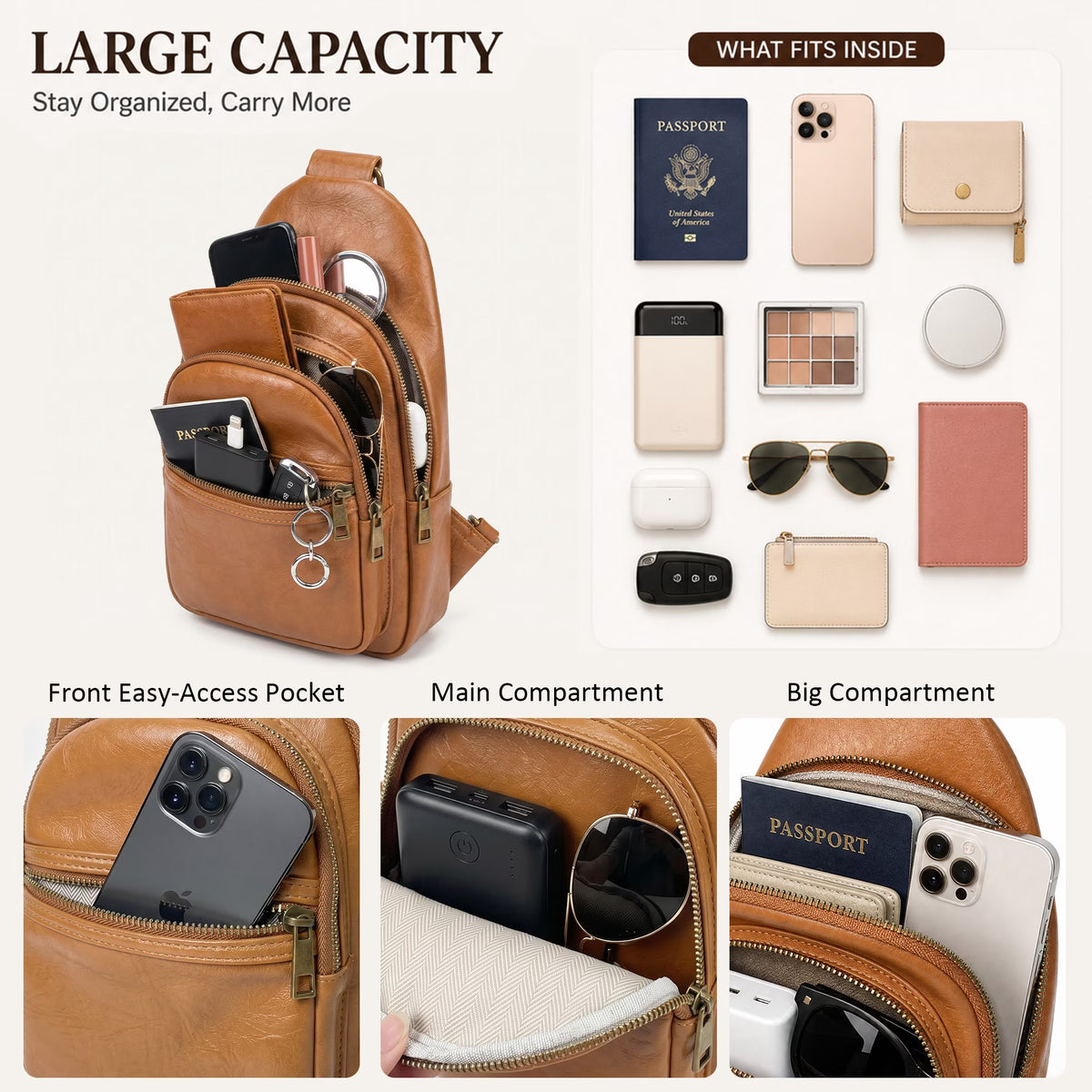 Unisex Brown Crossbody Sling Bag – Water-Resistant PU Leather Travel Bag