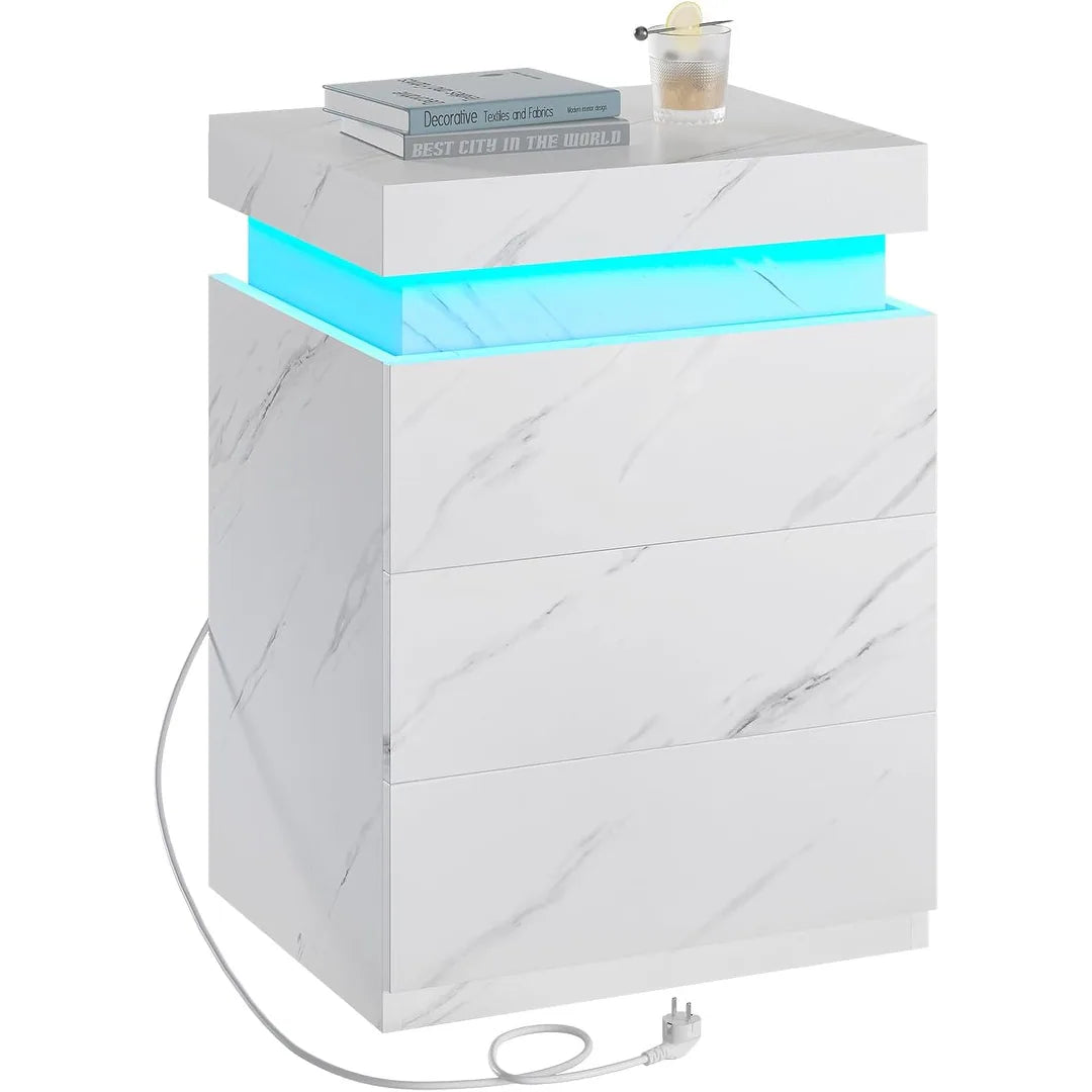 Bedroom Nightstand Charging Station LED Lights Sliding Top Drawers