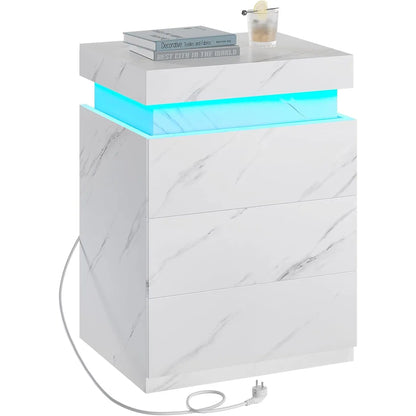 Bedroom Nightstand Charging Station LED Lights Sliding Top Drawers