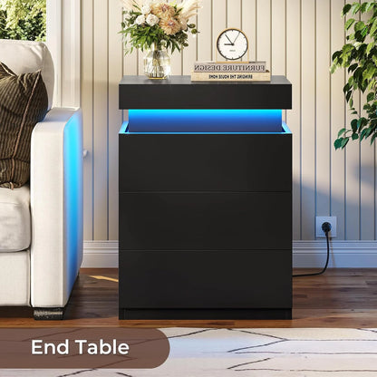 Bedroom Nightstand Charging Station LED Lights Sliding Top Drawers