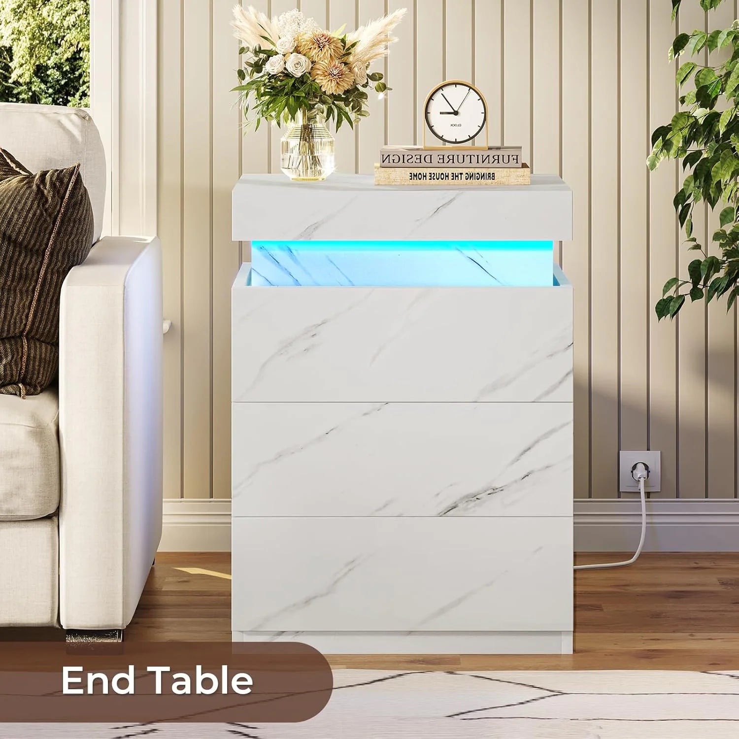 Bedroom Nightstand Charging Station LED Lights Sliding Top Drawers