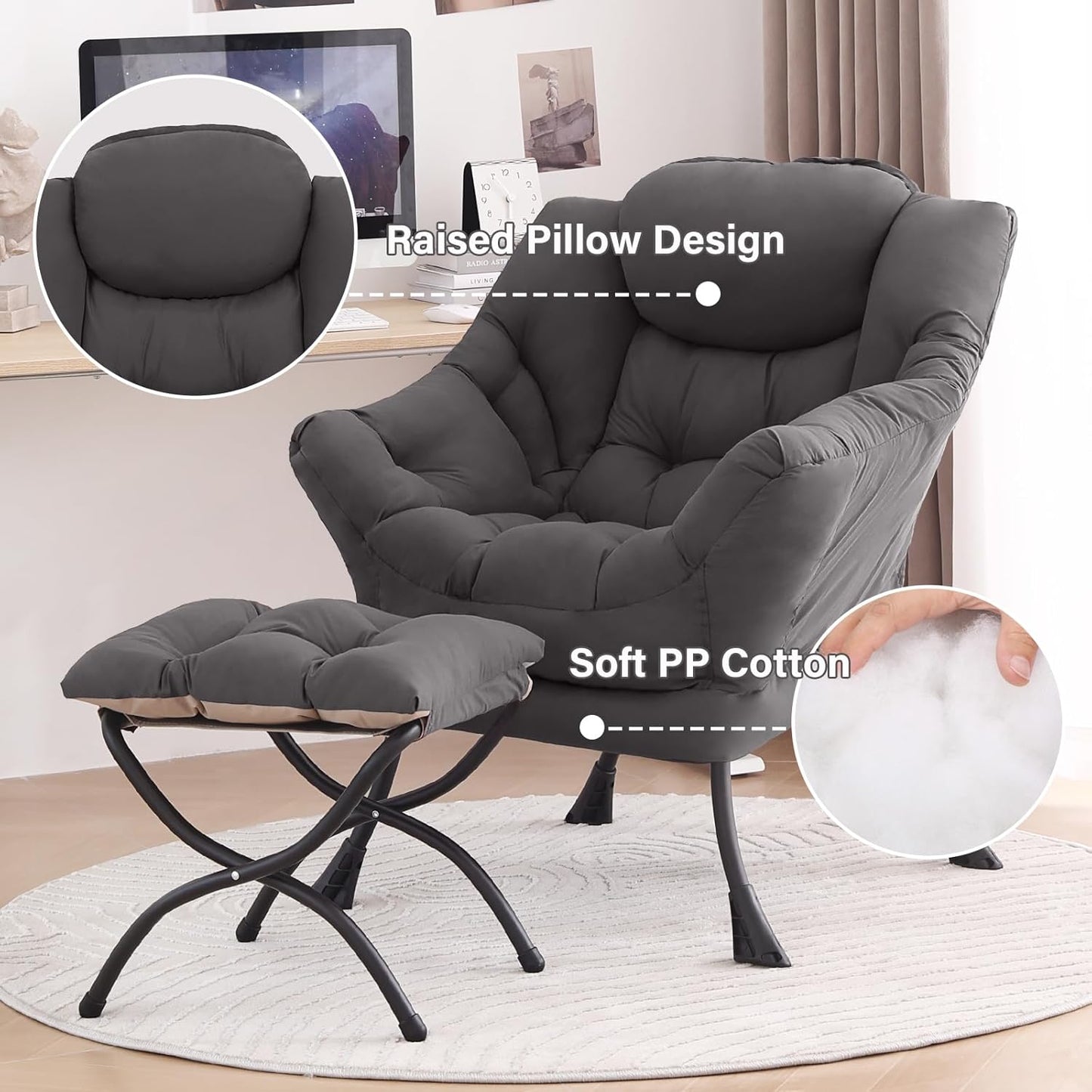 Tiita Lazy Chair with Ottoman, Modern Large Accent Lounge Chair, Leisure Sofa Armchair with Ottoman, Reading Chairs with Footrest for Bedroom, Living Room, Dorm Rooms, Garden