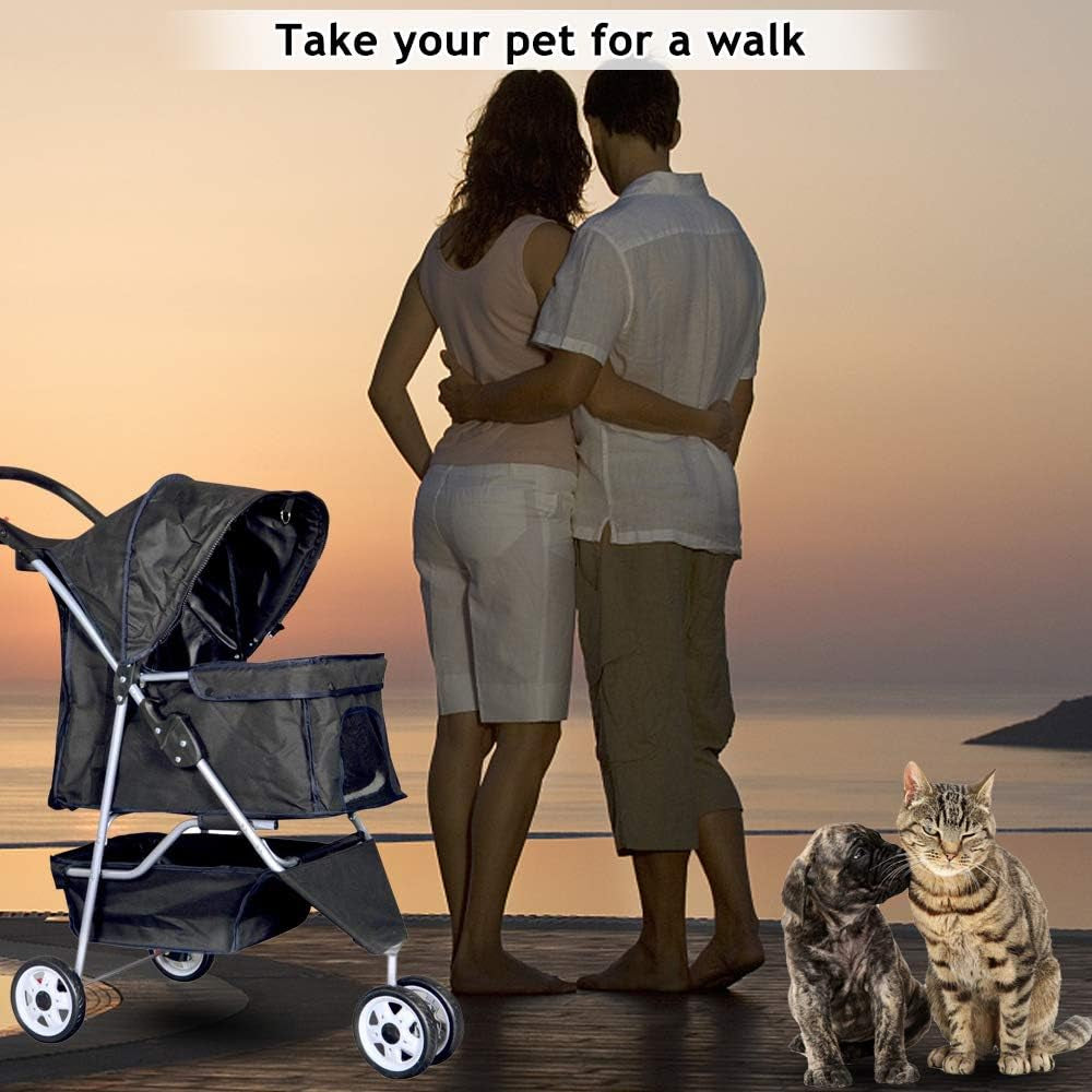 Dkeli 3-Wheel Pet Stroller, Lightweight Foldable Dog Stroller for Small Medium Dogs & Cats, Breathable Mesh & Weather Cover with Storage Basket, for Daily Walk Outdoor Travel (Black)