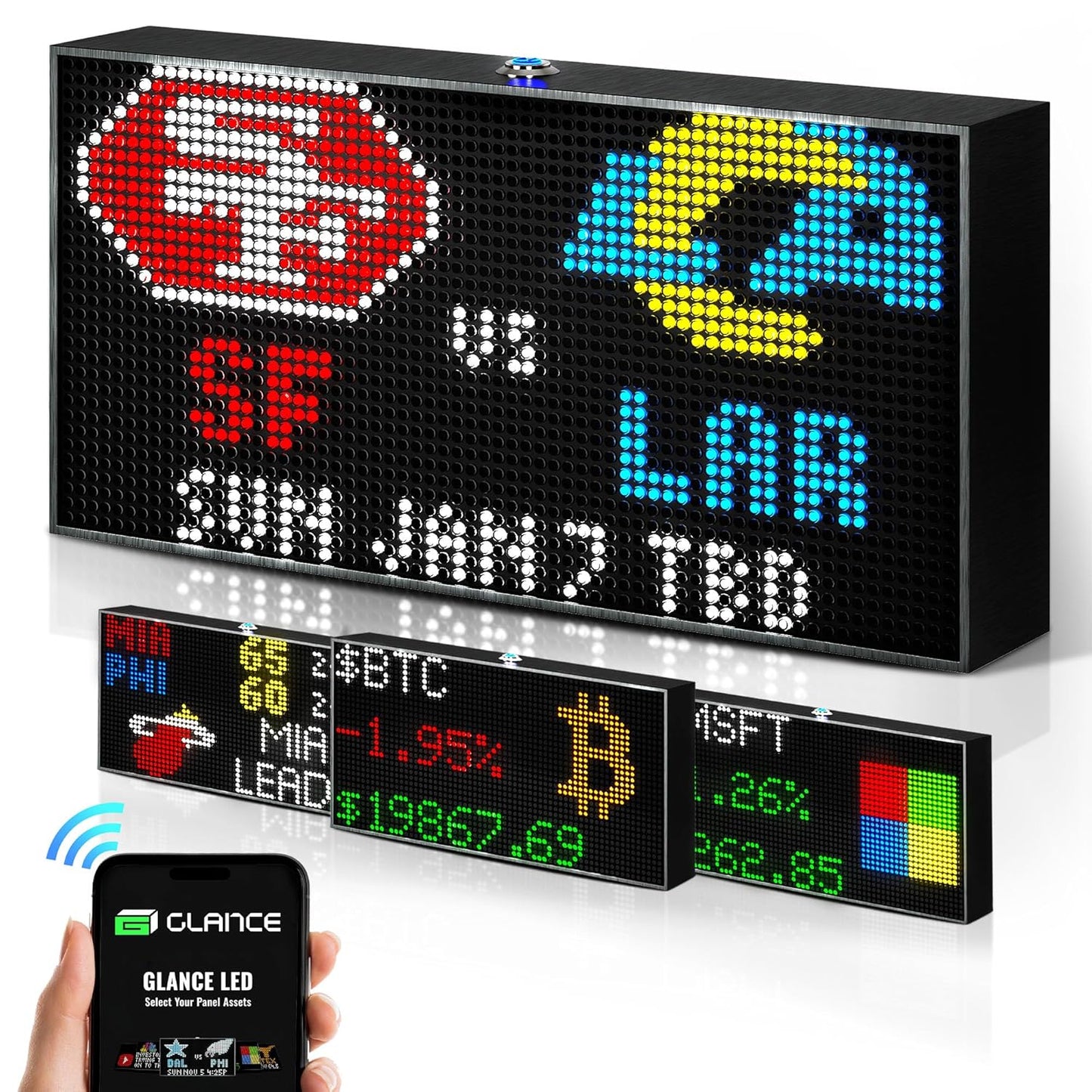 Glance LED Ticker - Customizable LED Display Sports Ticker, LED Display for Man Cave, Stock Market Ticker Display, Sports Score Retro Smart Pixel Display, Weather Display - 10.5"X5.5" Made in USA