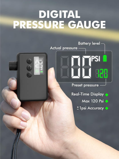 Mini Bike Tire Air Pump: Fast Inflate Portable Small Bicycle Electric Pump for Presta and Schrader Valves, 120 Psi High Pressure Pump with Digital Gauge for Road Bike, Mountain Bike, E-Bike