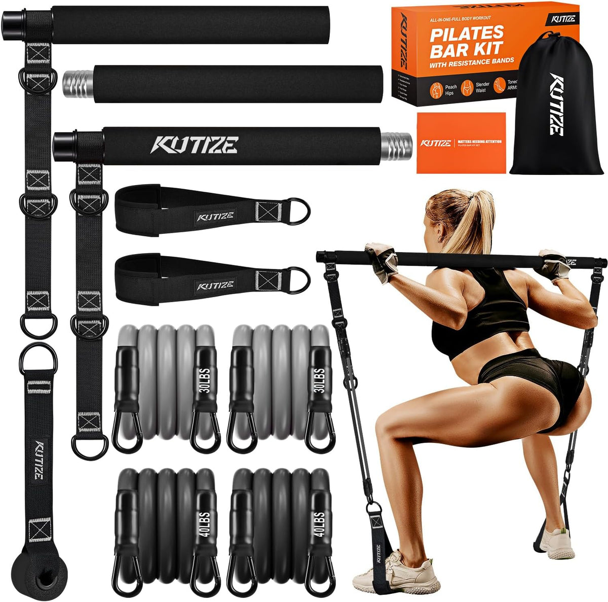 KUTIZE Pilates Bar Kit with Resistance Bands, Pilates Equipment, Multifunctional Pilates Bar for Women & Men, Pilates Kit for Hip, Back, Arm, Full-Body Workouts, Home Gym Strength Training Equipment