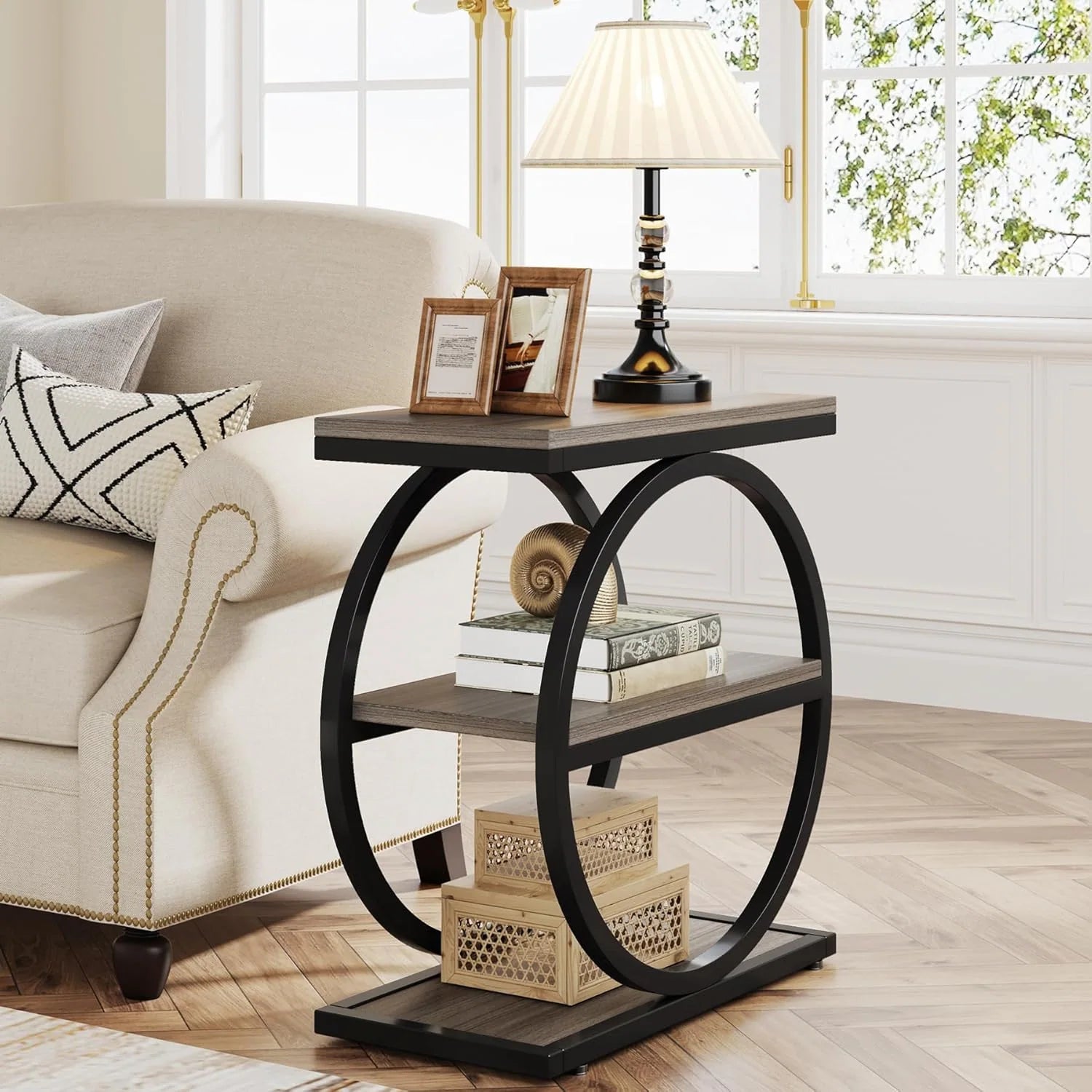 Narrow End Table with 3 Storage Shelves, Wood Side Table for Living Room