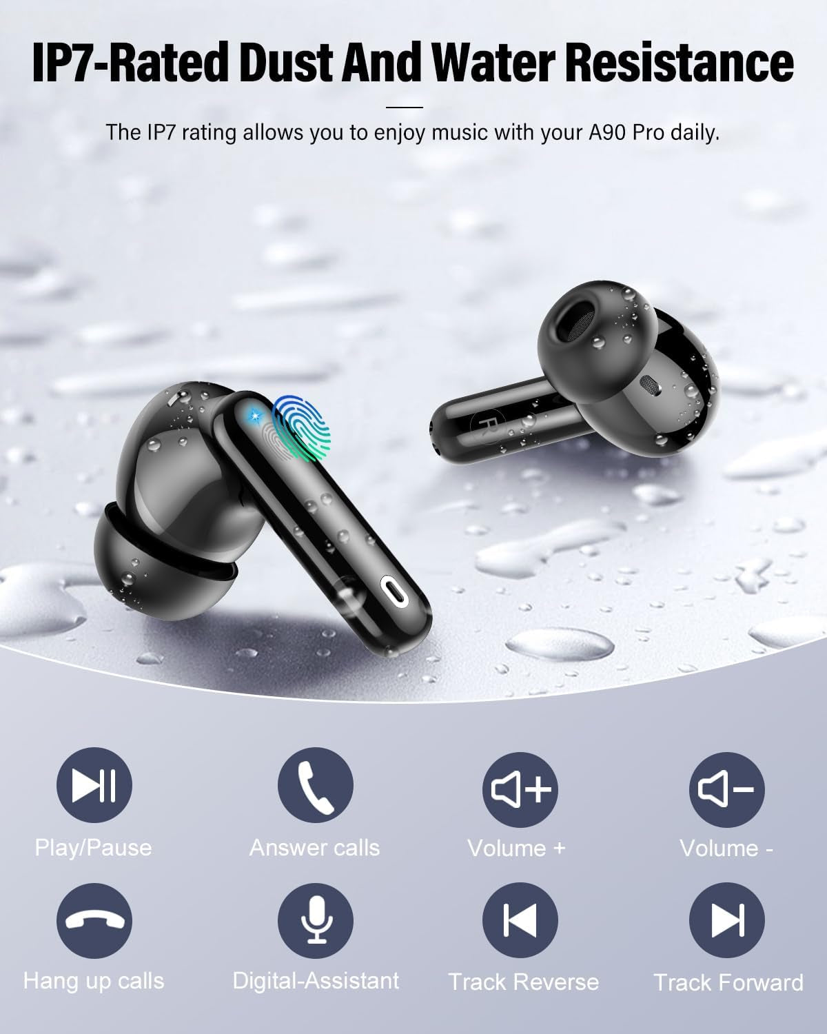 Wireless Earbuds, Bluetooth 5.4 Headphones Bass Stereo, Ear Buds with Noise Cancelling Mic, LED Display in Ear Earphones Clear Calls, IP7 Waterproof Bluetooth Earbuds for Phones/Sports/Laptop, Black