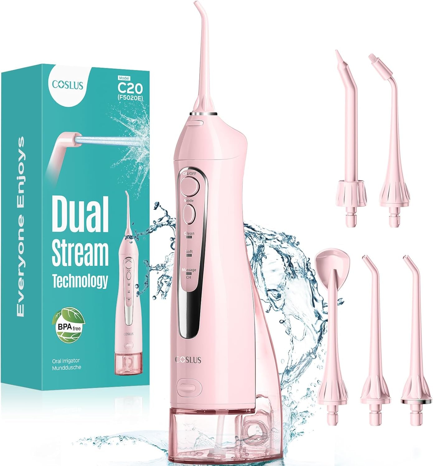 COSLUS Water Dental Flosser Teeth Pick C20: ADA Accepted, Portable Cordless Oral Irrigator 300ML Rechargeable Travel Irrigation Cleaner IPX7 Waterproof Electric Flossing Machine for Teeth, Black