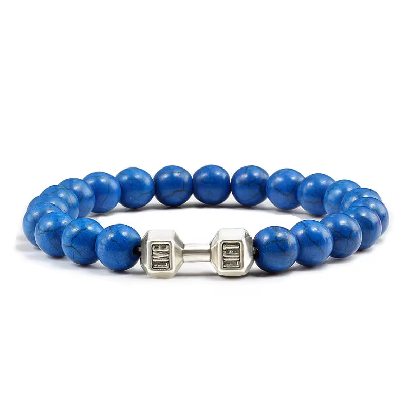 ForgeFit™ Volcanic Stone Fitness Bracelet / Natural Volcanic Stone Bracelet Men Matte Black Lave White Beads Charm Dumbbell Strand Bracelets Women Barbell Fitness Jewelry