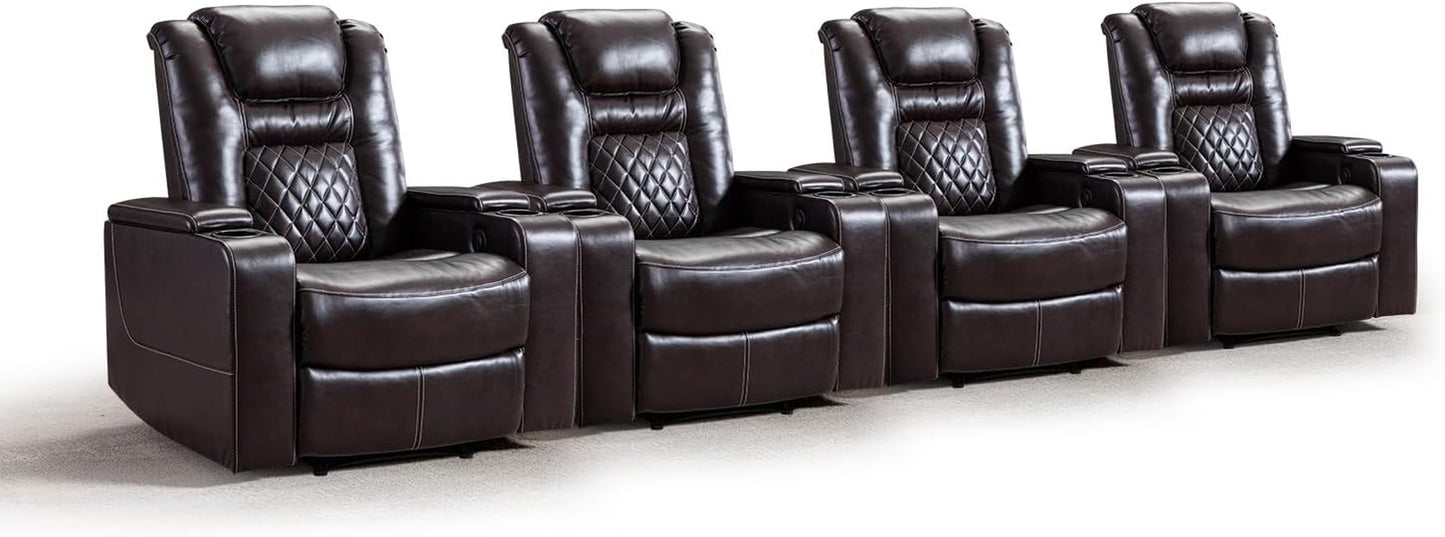CANMOV Electric Power Recliner Chair with USB Ports and Cup Holders, Breathable Leather Home Theater Seating with Hidden Arm Storage (Black)