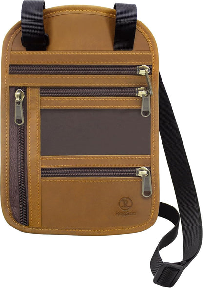RFID-Blocking Leather Travel Passport Wallet with Adjustable Strap