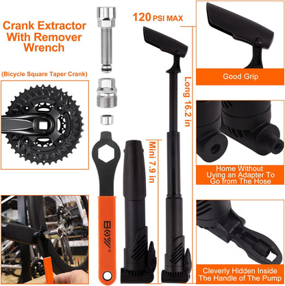 Bicycle Repair Bag with Tire Pump, Portable Tool Kit for Camping Travel - Bike Glueless Patches, Maintenance Essentials All in One Safety Kit