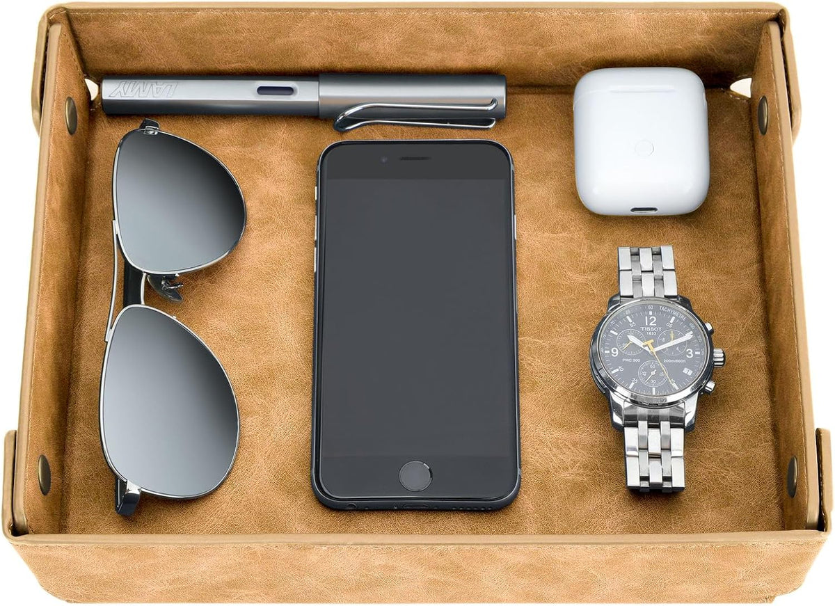 CASIRENA Faux Leather Valet Tray Organizer for Men - Catch-All Tray for Entryway Table Key, Wallet, Watch, Coin Change, Phone, Dresser EDC Dump Jewelry, Bedside Nightstand Desk-Top