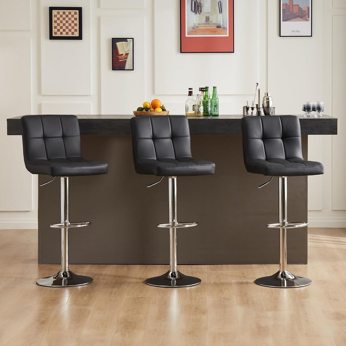 DUMOS Bar Stools Set of 4, 24 Inch Counter Height Bar Stools, Upholstered Modern Kitchen Barstools with Metal Base, PU Leather Saddle Stools for Kitchen Island, Inky Black