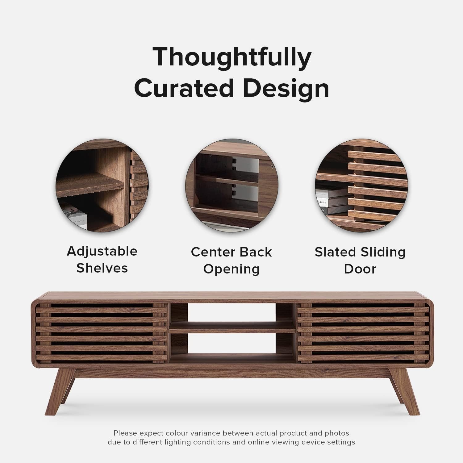 Mopio Ensley 59" TV Stand with Slatted Door, Mid Century Modern Entertainment Center for 55/60/65 Inch TV, Farmhouse Media Console with Storage, Adjustable Shelves, round Edges, Living Room (Walnut)