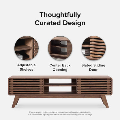 Mopio Ensley 59" TV Stand with Slatted Door, Mid Century Modern Entertainment Center for 55/60/65 Inch TV, Farmhouse Media Console with Storage, Adjustable Shelves, round Edges, Living Room (Walnut)