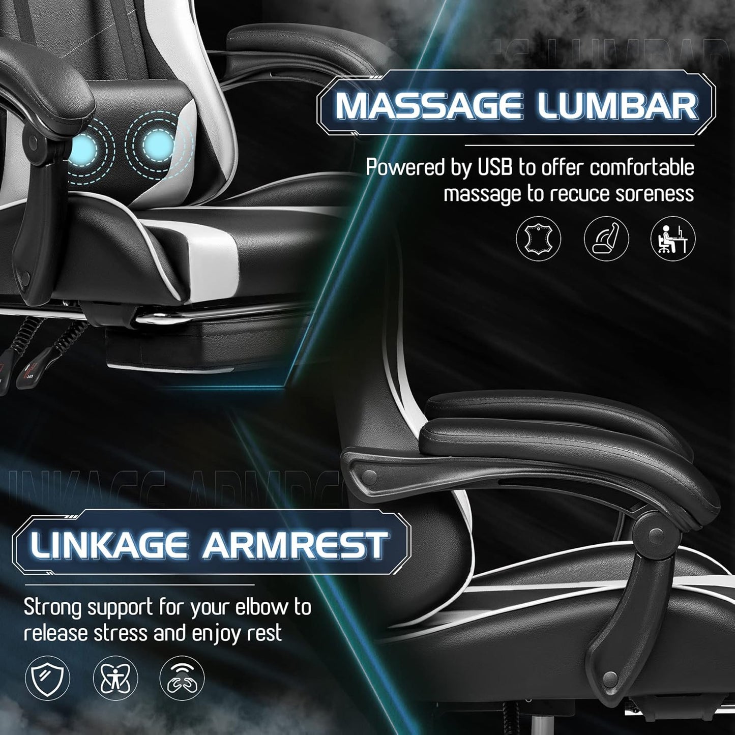 Homall Gaming Chair, Video Game Chair with Footrest and Massage Lumbar Support, Ergonomic Computer Chair Height Adjustable with Swivel Seat and Headrest (White)