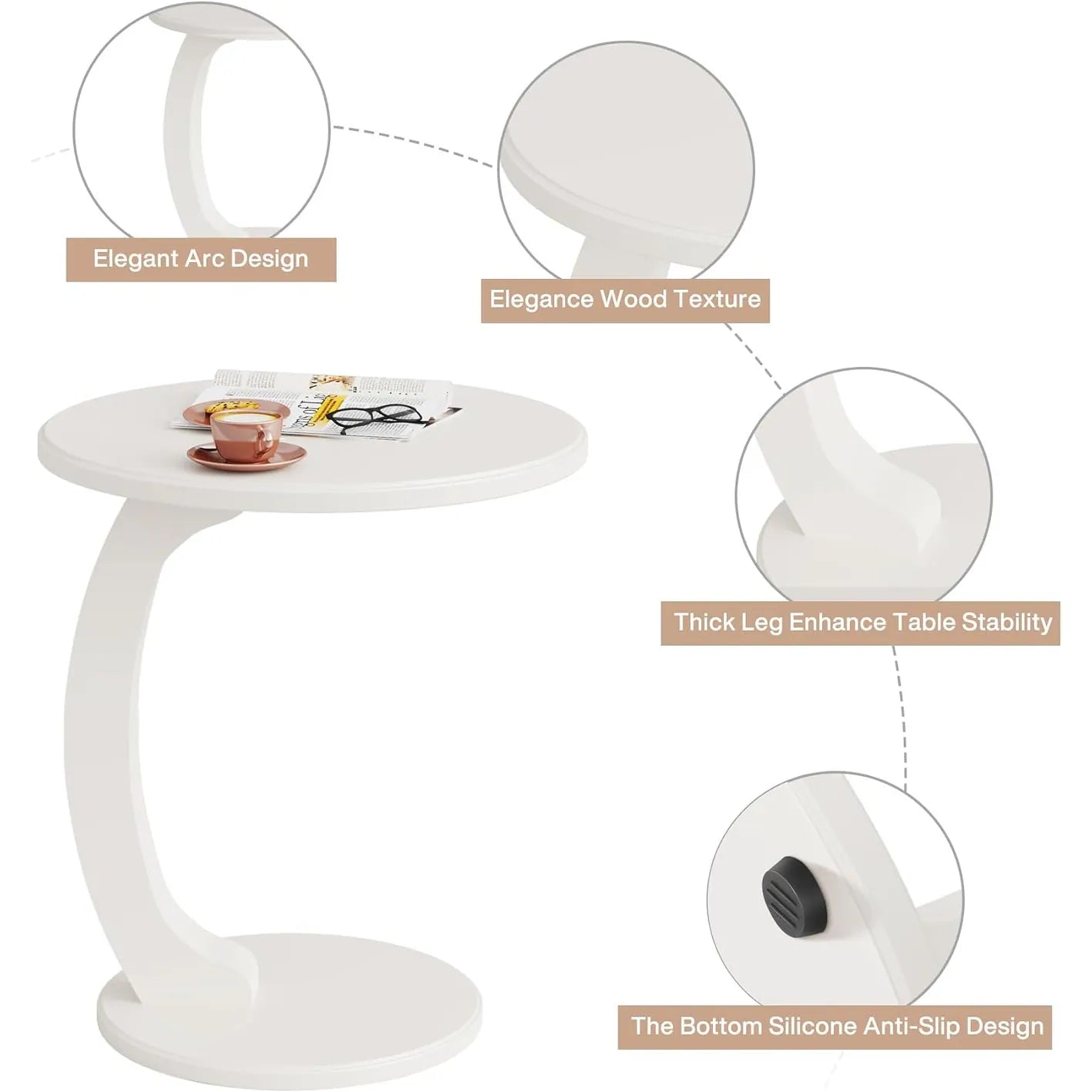 Solid Wood round End Table Mid Century C-Shaped Side Table for Living Room & Bedroom