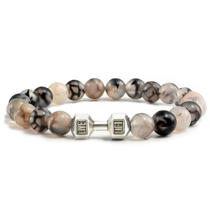ForgeFit™ Volcanic Stone Fitness Bracelet / Natural Volcanic Stone Bracelet Men Matte Black Lave White Beads Charm Dumbbell Strand Bracelets Women Barbell Fitness Jewelry