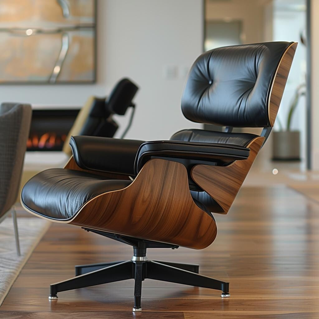 Mid-Century Full Grain Leather Accent Chaise Lounge Chair and Ottoman