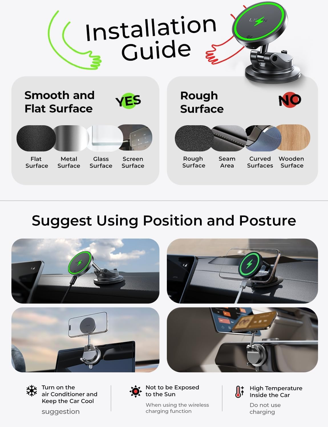 LISEN 15W Magsafe Car Mount Charger, Suction Cup Phone Mount, Magnetic Wireless Car Charger, Vacuum Magnetic Phone Holder Car Mount for Iphone 17 Pro Max 16 15 14 13 12, Samsung S26/S25, Pixel 10 Pro