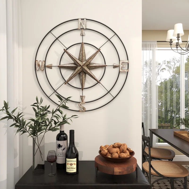 Metal Indoor Outdoor Compass Home Gray Wall Decor with Distressed Copper like Finish