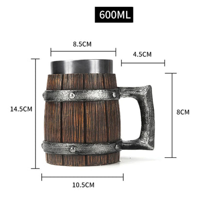 Viking Wood Style Beer Mug 3D Resin Stainless Steel Coffee Cup Wine Glass Metal Double Wall Mug Beer Jug Cup Thermal