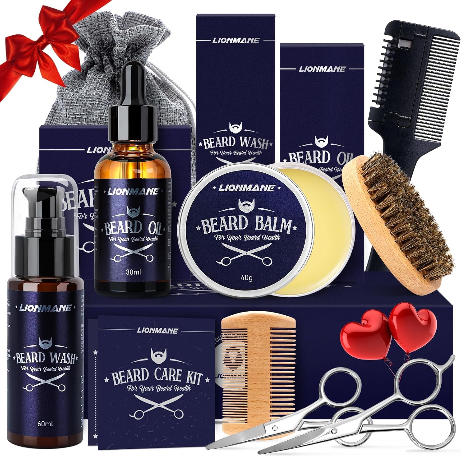 Lionmane Beard Care Gifts Kit for Men - Beard Mustache Grooming Kit | Beard Balm, Beard Wash, Beard Oil, Brush, Scissors - Birthday Anniversary Gifts for Husband/Boyfriend/Dad/Him