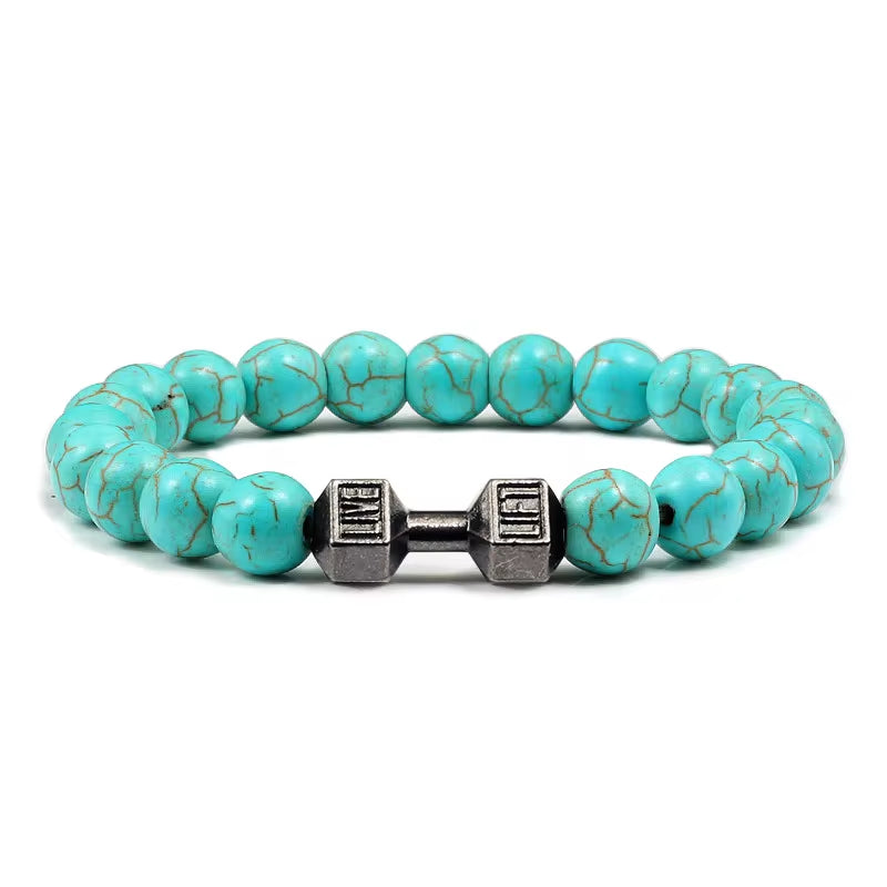 ForgeFit™ Volcanic Stone Fitness Bracelet / Natural Volcanic Stone Bracelet Men Matte Black Lave White Beads Charm Dumbbell Strand Bracelets Women Barbell Fitness Jewelry