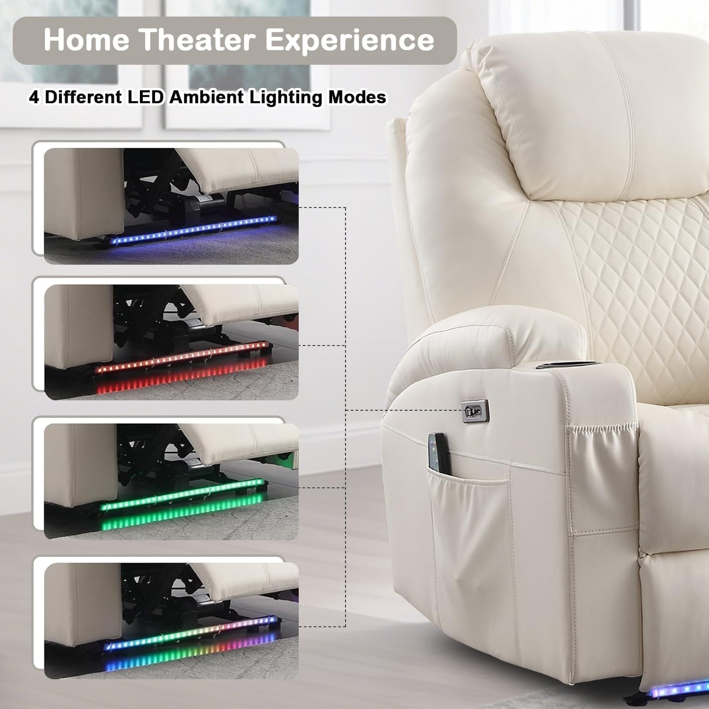 Power Recliner Chair with Heat and Massage for Adults - Home Theater Seating with LED Lights,Cup Holders,Side Pocket,Usb Port - Recliner Sofa for Living Room (Beige, Single Recliner)