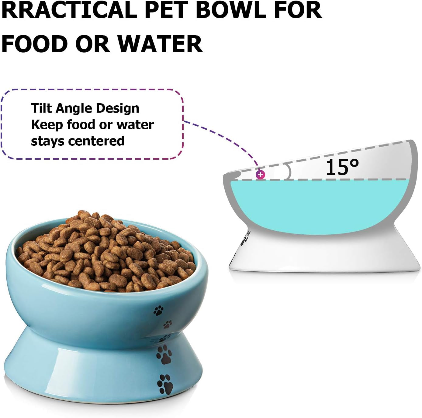 Y YHY Ceramic 15 Ounce Slanted Cat Food Water Bowl, Lake Blue