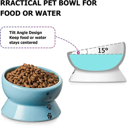 Y YHY Ceramic 15 Ounce Slanted Cat Food Water Bowl, Lake Blue